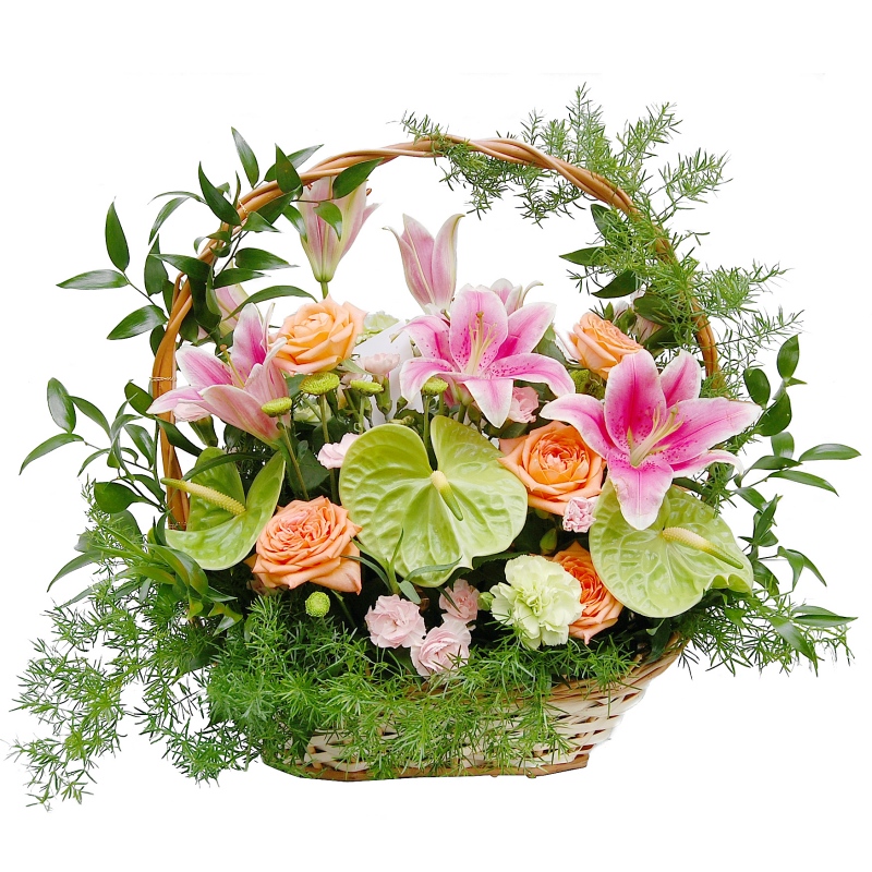 Kompozycja kwiatowa w koszu ułożona z lilii, anturium, róż i goździków - Kosz Spełnione Marzenia
