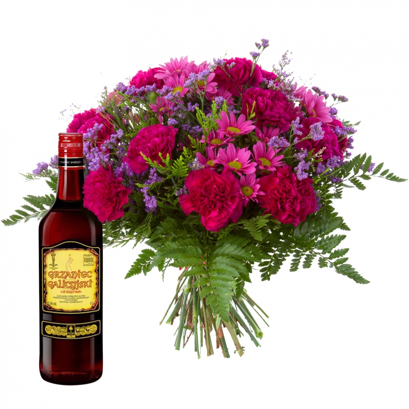 Kompozycja kwiatowa ułożona z margerytek i goździków wraz z grzańcem z wina - Bukiet z grzańcem