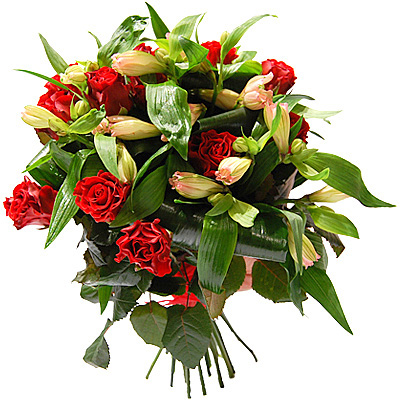 Bukiet skomponowany z alstromerii i róż - Kwiaty Ogień uczuć