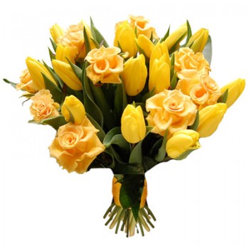 Bukiet z żółtych tulipanów i róż - Wiosenne Promienie Słońca