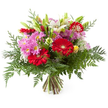Kwiatowa kompozycja ułożona z gerber, margeretek i lilii - Bukiet Impresja