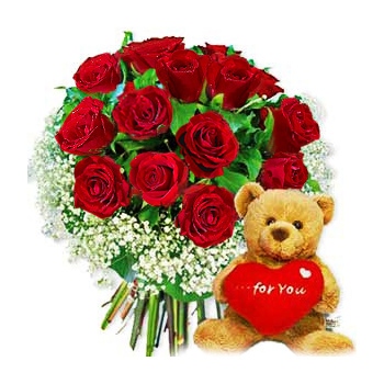 Zamów bukiet czerwonych róż otoczonych gipsówką wraz z pluszowym misiem na Barbados - Miłość to życie