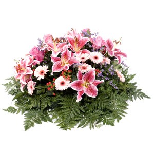 Kompozycja kwiatowa na pogrzeb skomponowana z margerytek, lilii i gerber - Wiązanka Wyrazy współczucia