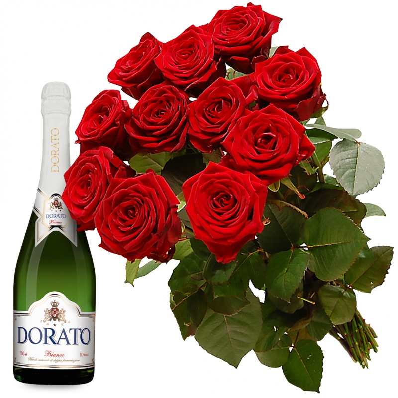 Za naszym pośrednictwem wyślesz bukiet 11 czerwonych róż z szampanem Dorato - Bukiet Szampański