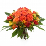 Kompozycja kwiatowa ułożona z frezji i róż - Bukiet Promienny