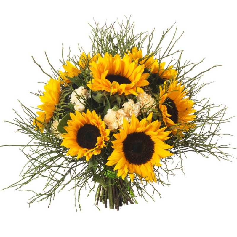 Bukiet ułożony z goździków i słoneczników - Kwiaty Słońce wszędzie