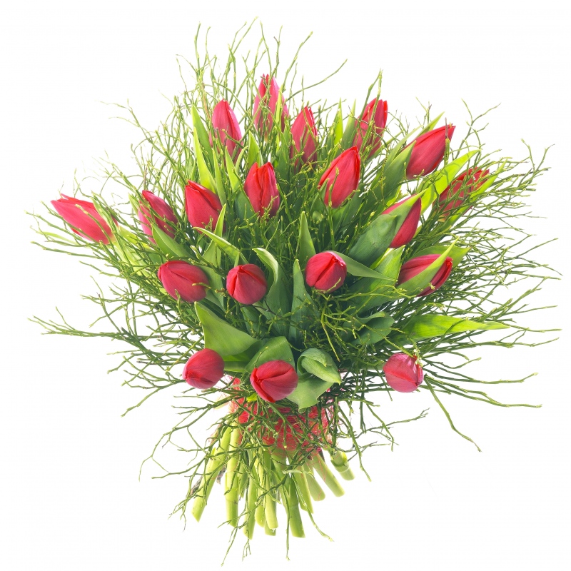 Kompozycja kwiatowa stworzona z czerwonych tulipanów przybranych delikatną dekoracją - Kwiaty Barwy Miłości