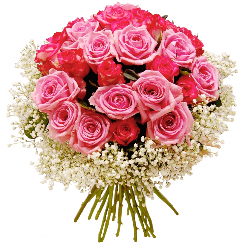 Bukiet skomponowany z róż w otoczeniu gipsówki - Różany ogród