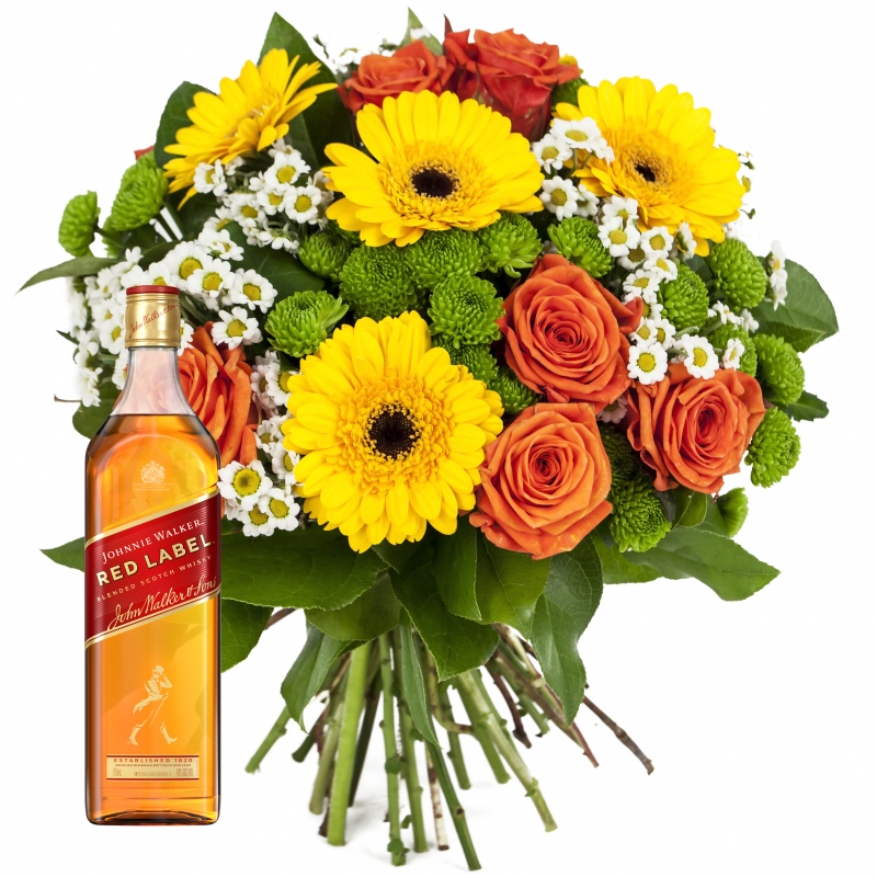 Kompozycja kwiatowa z gerber, róż wraz Whisky - Bukiet dla Niego