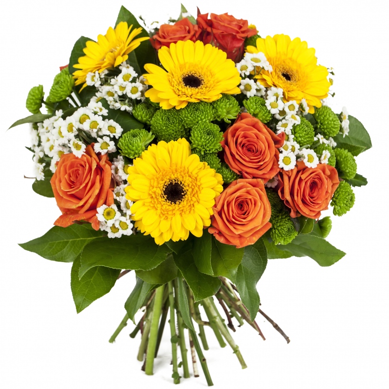 Kompozycja kwiatowa z gerber, róż i santini - Bukiet Słoneczne Dni