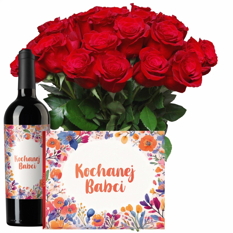Czerwone róże z winem i Merci