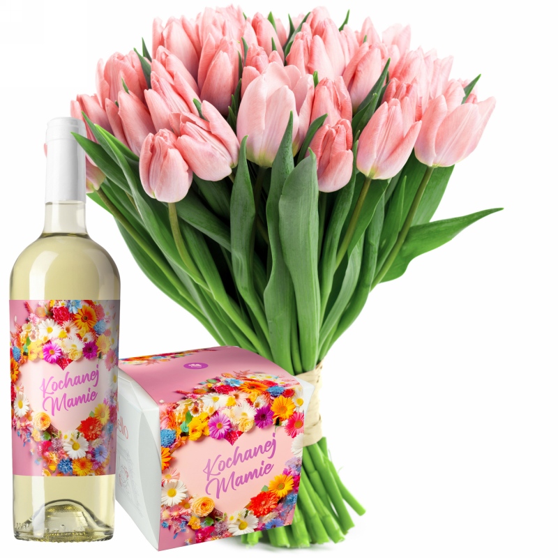 Różowe tulipany od 25 do 75 sztuk z winem i Raffaello