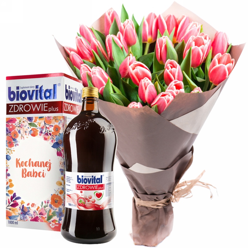 Bukiet 25 tulipanów z Biovitalem dla Babci