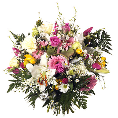 Bukiet skomponowany z margerytek, gerber, lilii, róż i goździków - Kwiaty Radosna Nowina