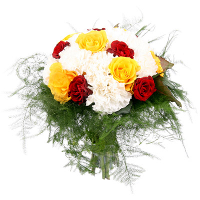 Bukiet róż i goździków w kolorach bieli, żółci i czerwieni - Kwiaty Zakochany Molier