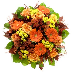 Kompozycja kwiatowa ułożona z gerber, róż i margerytek - Bukiet Pomarańczowy Czar