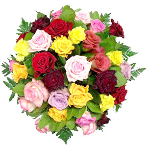 kompozycja kwiatowa przygotowana z róż w różnych kolorach - Bukiet Gra kolorów