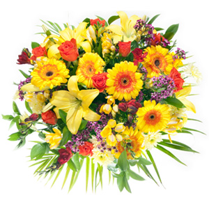 Kompozycja kwiatowa ułożona z lilii oraz gerber - Bukiet Barwy szczęścia