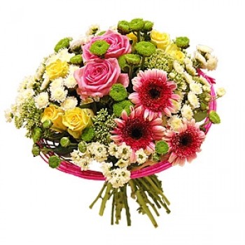 Kompozycja kwiatowa z gerber, margerytek i róż - Bukiet Zaczarowany