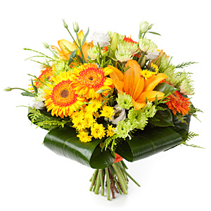 Kompozycja kwiatowa stworzona z margerytek, lilii i gerber - Bukiet Babie Lato
