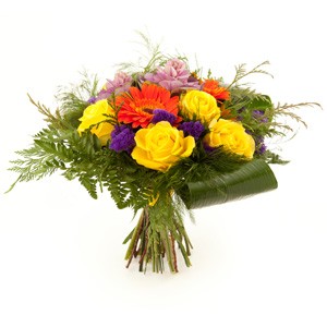 Kompozycja kwiatowa przygotowana z gerber, róż i margerytek - Bukiet Paleta Barw