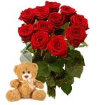 Kompozycja z róż z misiem - Bukiet dla Mojego Misia