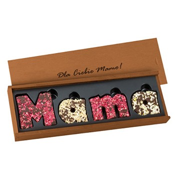 Napis Mama z deserowej czekolady w posypce, zamknięty w drewnianym pudełeczku - Deserowy napis Mama