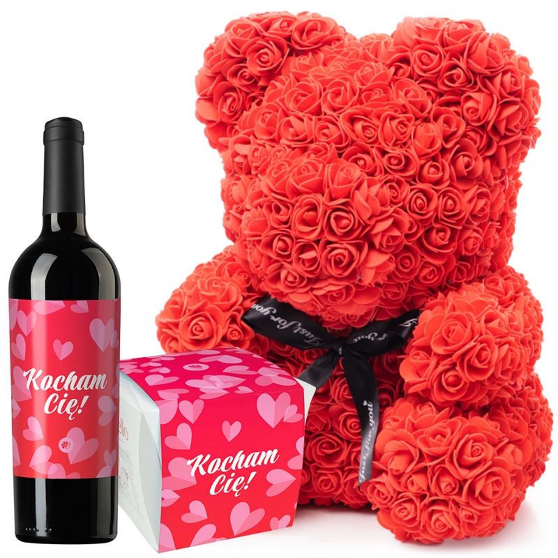 Walentynkowy miś z róż z winem i Raffaello