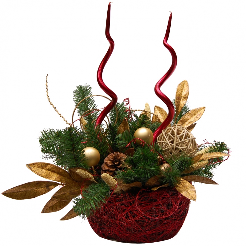 Zamów kompozycję świąteczną stworzoną z czerwonych świec i złotych dodatków - Stroik Pierwsza Gwiazdka