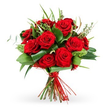 Wyślij bliskiej osobie w Austrii bukiet czerwonych róż fantazyjnie otoczonych zielenią - Bukiet Kocham