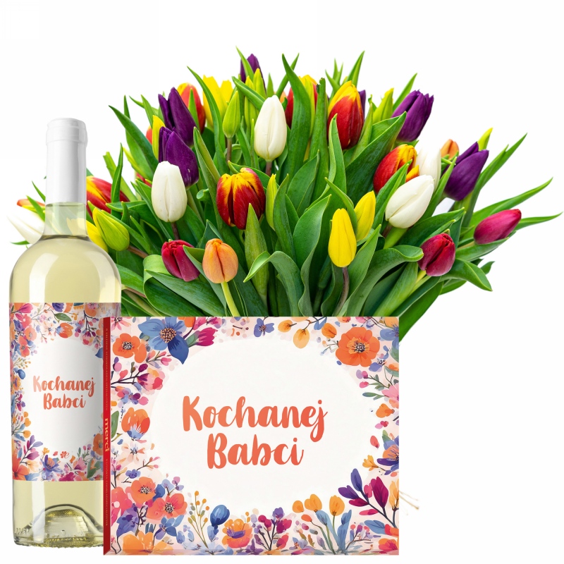 Kolorowe tulipany od 25 do 75 sztuk z winem i Merci dla Babci