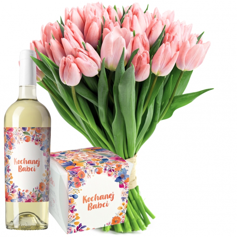 Różowe tulipany od 25 do 75 sztuk z winem i Raffaello dla Babci