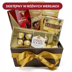 To kompozycja pełna słodkości i aromatycznej kawy - Kosz delikatesowy Złoty blask