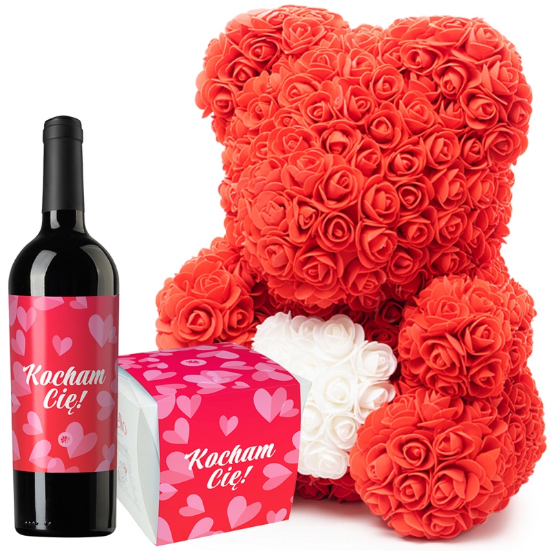 Walentynkowy miś z róż z sercem z winem i Raffaello