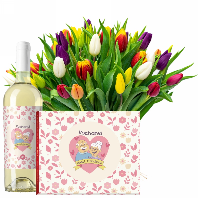 Kolorowe tulipany od 25 do 75 sztuk z winem i Merci dla Babci i Dziadka