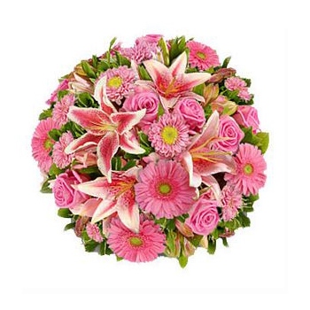 Za naszym pośrednictwem wyślesz bukiet na Ukrainę skomponowany z lilii, gerber i róż w różowej kolorystyce - Słodka miłość