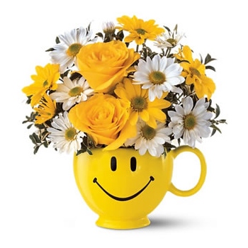 Wyślij kompozycję z róż i margerytek w kubku z uśmiechem do wybranej miejscowości w Stanach Zjednoczonych - Uśmiechnięty!