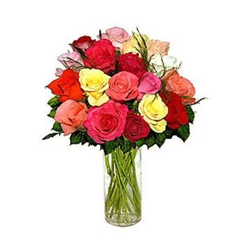 Zamów bukiet 12 kolorowych róż w wazonie z dostawą do Meksyku - Tuzin kolorowych róż w wazonie