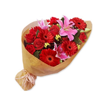 Wyślij kompozycję kwiatową z róż, gerber i lilii na Cypr - Prawdziwa czerwień