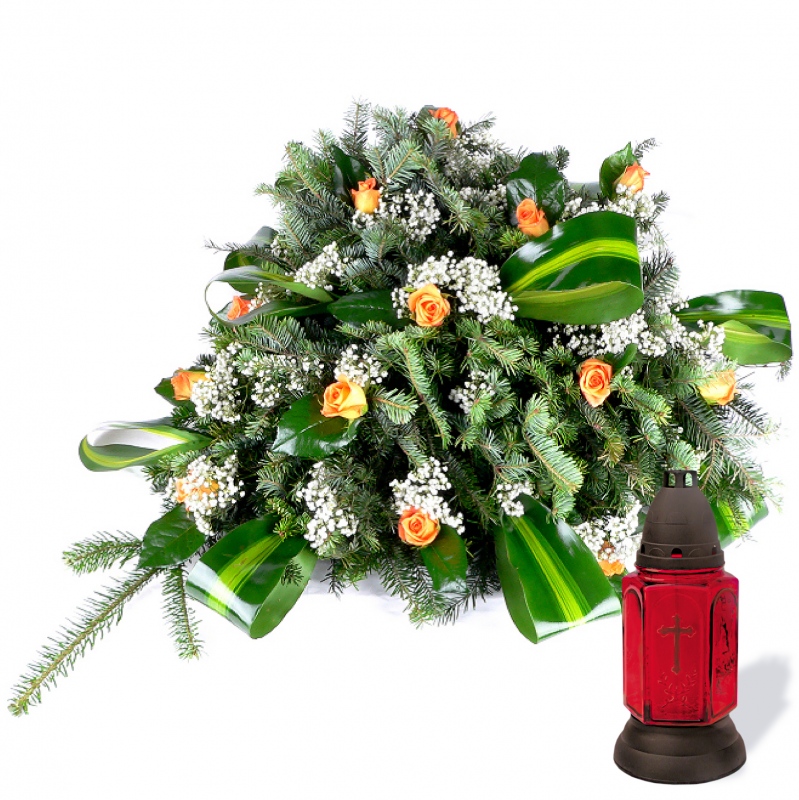 Kompozycja pogrzebowa przygotowana z róż - Wiązanka Wieczna Pamięć ze zniczem