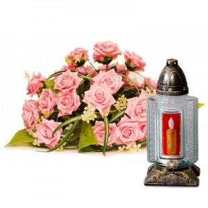 Kompozycja pogrzebowa z róż wraz ze zniczem - Bukiet kondolencyjny