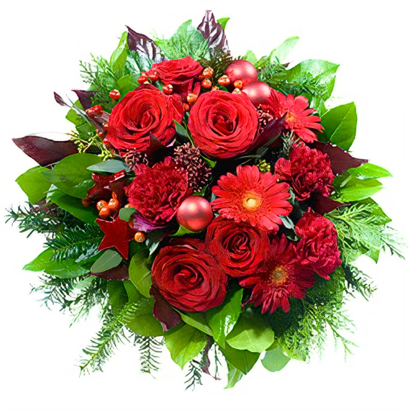 Bukiet bożonarodzeniowy skomponowany z czerwonych kwiatów i świątecznych dodatków - Bukiet Wesołych Świąt