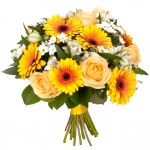Kompozycja kwiatowa stworzona z gerber, róż, margerytek i alstromerii - Bukiet Słoneczny