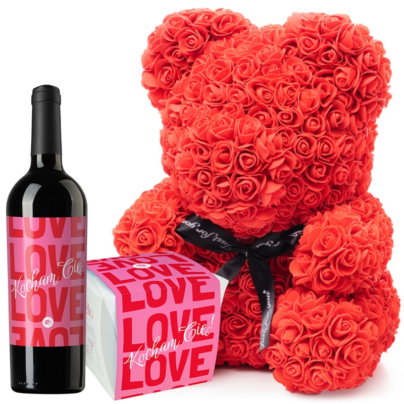 Walentynkowy miś z róż z winem i Raffaello