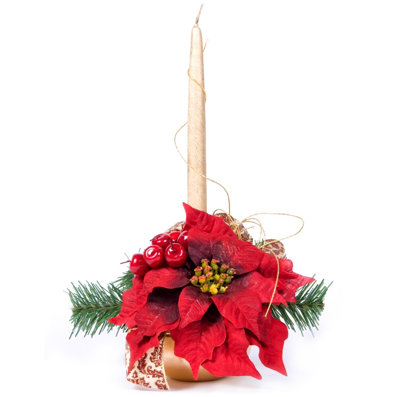 Kompozycja Bożonarodzeniowa z białą świecą i kwiatami gwiazdy betlejemskiej - Stroik Wigilijny Czar