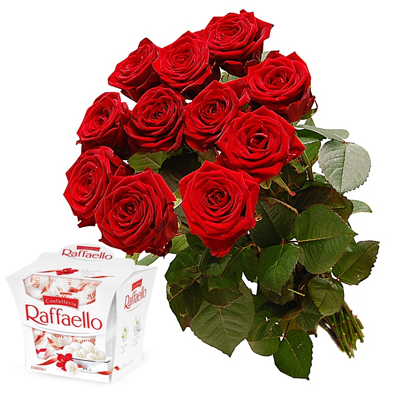 Bukiet z 11 czerwonych róż wraz z pralinami Rafaello - Więcej niż tysiąc słów...