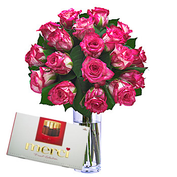Kompozycja kwiatowa z 18 róż N-Joy wraz z czekoladkami Merci - Róża N-Joy 18 sztuk i Czekoladki Merci