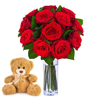 Bukiet z 12 róż Red Naomi wraz z pluszowym misiem - Róża Red Naomi 12 sztuk + Pluszowy Miś