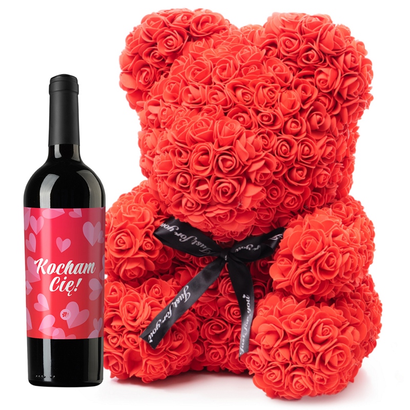Walentynkowy miś z róż z winem