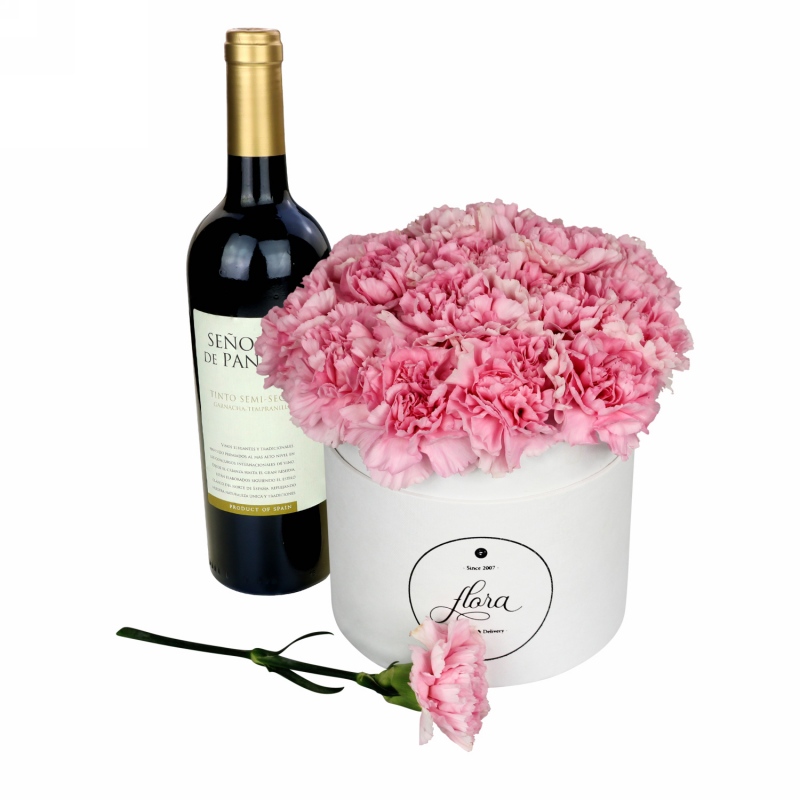 FlowerBox z winem - różowe goździki w pudełku (średni)